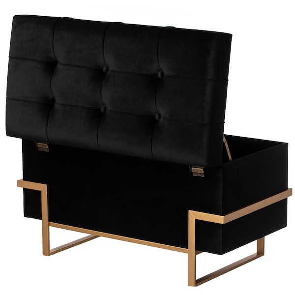 Fabulaxe Velvet Storage Ottoman Stool Box with Abstract Golden Legs - Decorative Sitting Bench, Black Large - QI003939.BK.L