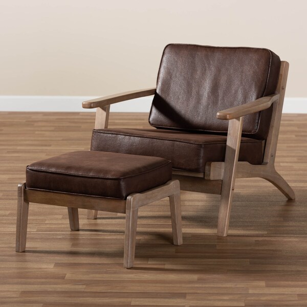 Baxton Studio Sigrid Brown Upholstered Oak Wood 2-Piece Armchair and Ottoman Set - 162-10567-10405