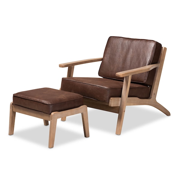 Baxton Studio Sigrid Brown Upholstered Oak Wood 2-Piece Armchair and Ottoman Set - 162-10567-10405