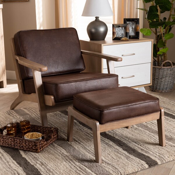 Baxton Studio Sigrid Brown Upholstered Oak Wood 2-Piece Armchair and Ottoman Set - 162-10567-10405