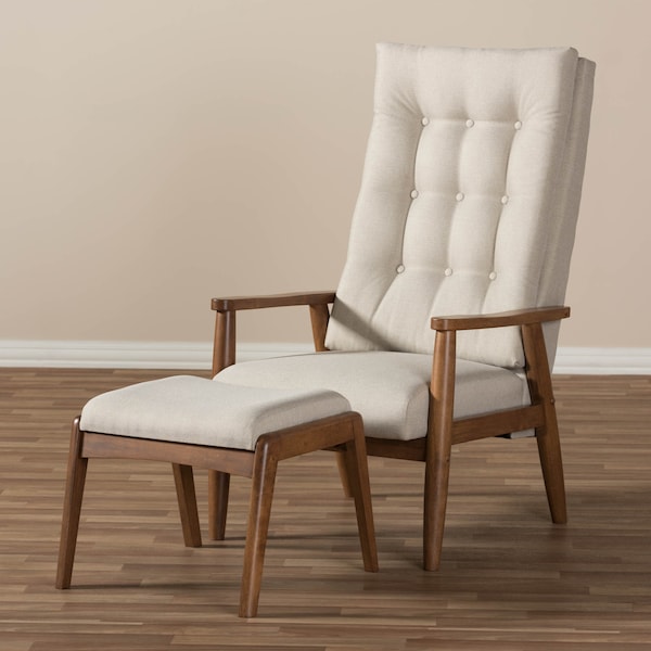 Baxton Studio Roxy Walnut Finishing and Tufted High-Back Chair and Ottoman Set - 133-7141-7143