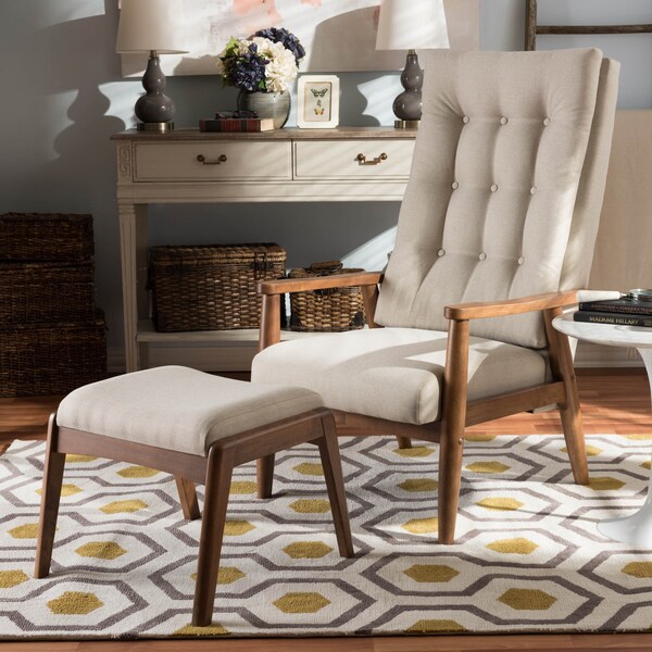 Baxton Studio Roxy Walnut Finishing and Tufted High-Back Chair and Ottoman Set - 133-7141-7143