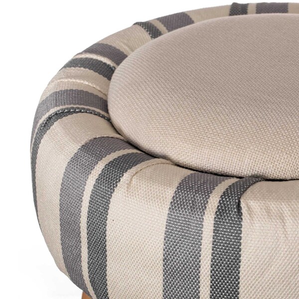 Fabulaxe Modern Striped Round Fabric Ottoman with Inner Storage , White and Blue - QI004321