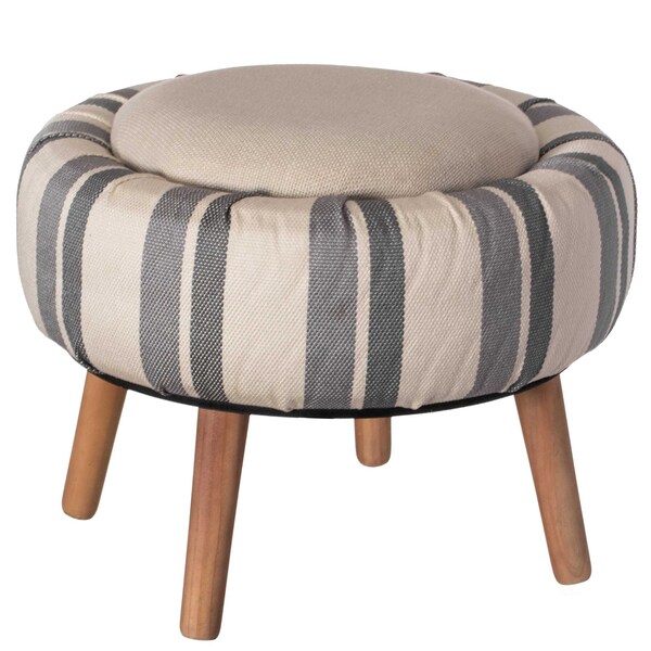 Fabulaxe Modern Striped Round Fabric Ottoman with Inner Storage , White and Blue - QI004321
