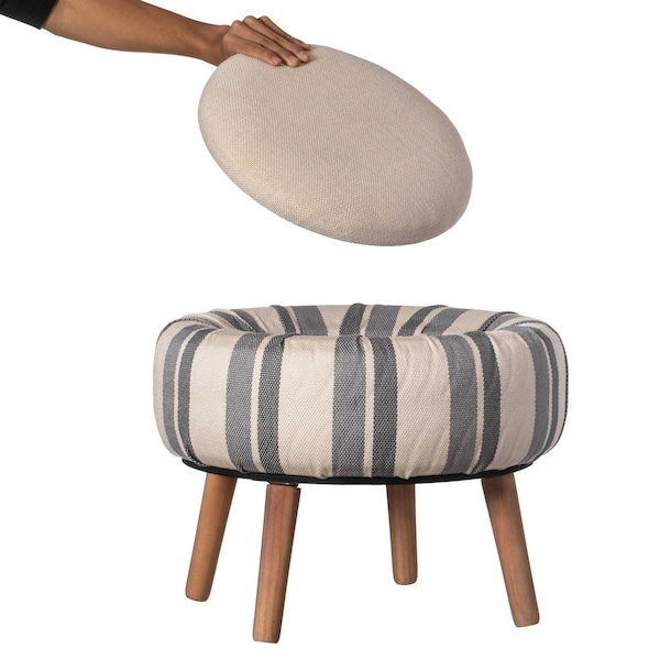 Fabulaxe Modern Striped Round Fabric Ottoman with Inner Storage , White and Blue - QI004321