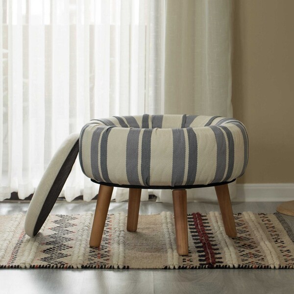 Fabulaxe Modern Striped Round Fabric Ottoman with Inner Storage , White and Blue - QI004321
