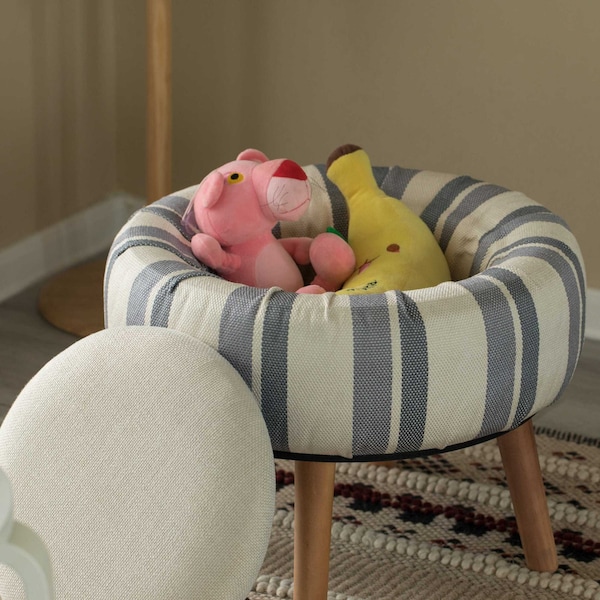 Fabulaxe Modern Striped Round Fabric Ottoman with Inner Storage , White and Blue - QI004321
