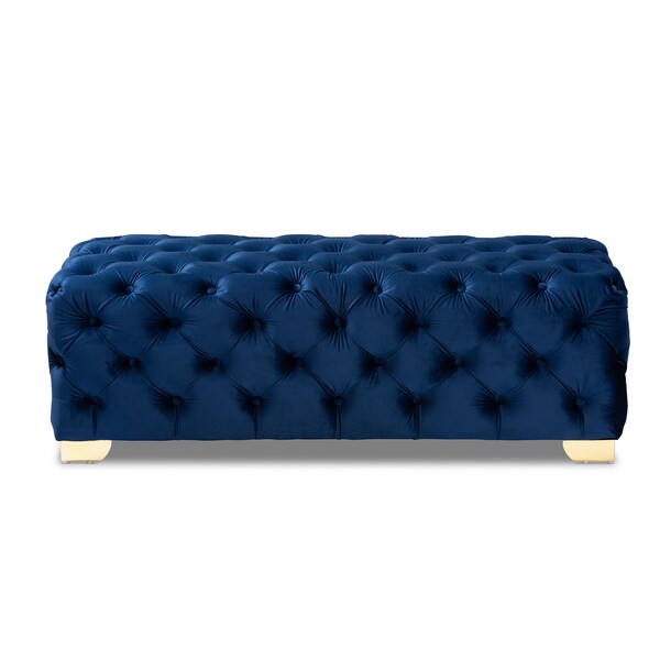 Baxton Studio Avara Blue Velvet Upholstered Gold Finished Tufted Bench Ottoman - 154-9366