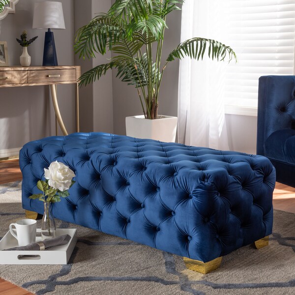 Baxton Studio Avara Blue Velvet Upholstered Gold Finished Tufted Bench Ottoman - 154-9366