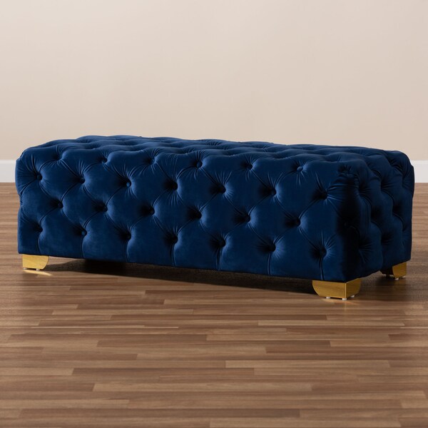 Baxton Studio Avara Blue Velvet Upholstered Gold Finished Tufted Bench Ottoman - 154-9366