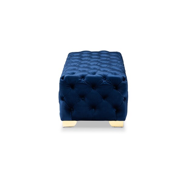 Baxton Studio Avara Blue Velvet Upholstered Gold Finished Tufted Bench Ottoman - 154-9366