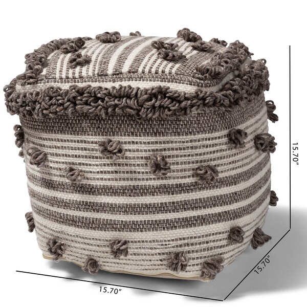 Baxton Studio Eligah Ivory and Brown Handwoven Wool Pouf Ottoman - 158-9718
