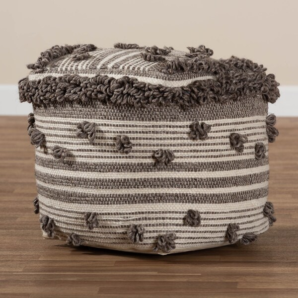 Baxton Studio Eligah Ivory and Brown Handwoven Wool Pouf Ottoman - 158-9718