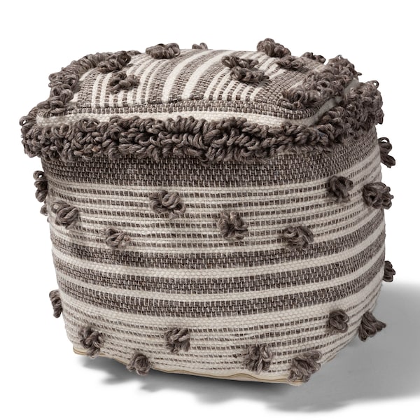 Baxton Studio Eligah Ivory and Brown Handwoven Wool Pouf Ottoman - 158-9718