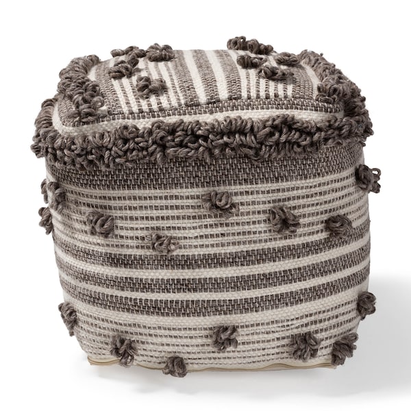 Baxton Studio Eligah Ivory and Brown Handwoven Wool Pouf Ottoman - 158-9718