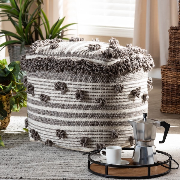 Baxton Studio Eligah Ivory and Brown Handwoven Wool Pouf Ottoman - 158-9718
