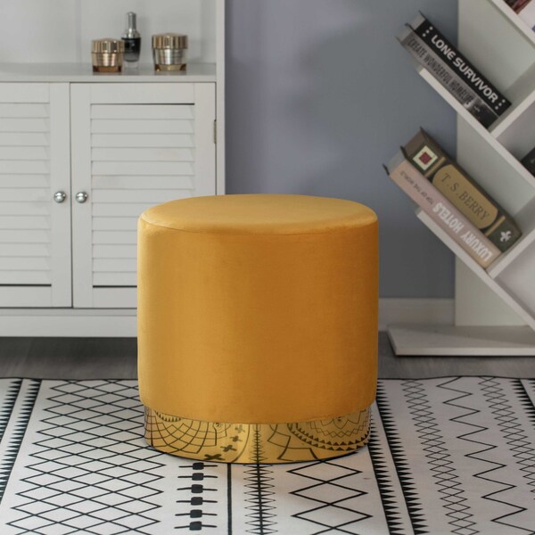 Fabulaxe Modern Round Velvet Fabric Standard Ottoman Stool with Gold Base, Mustard - QI004323.MD