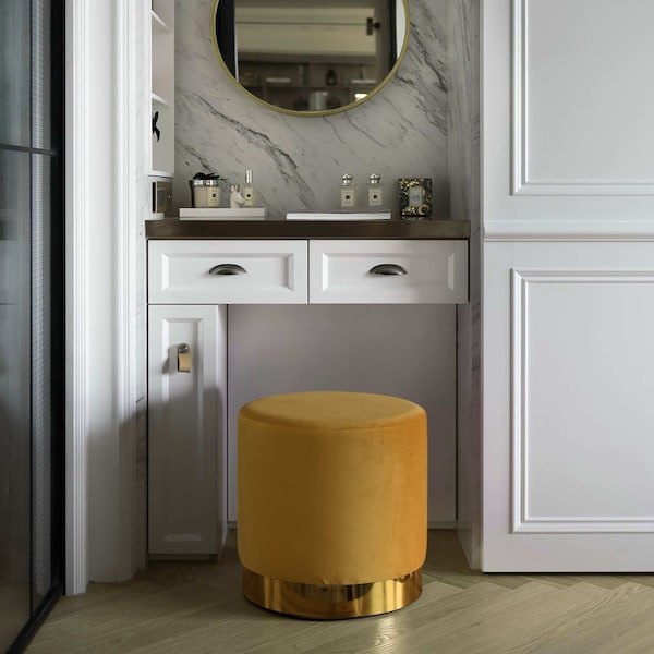 Fabulaxe Modern Round Velvet Fabric Standard Ottoman Stool with Gold Base, Mustard - QI004323.MD