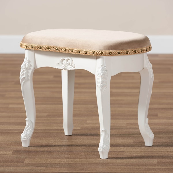 Baxton Studio Gabrielle Sand Velvet Upholstered White-Finished Wood Vanity Ottoman - 162-10254