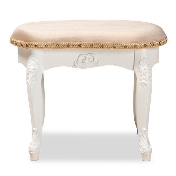 Baxton Studio Gabrielle Sand Velvet Upholstered White-Finished Wood Vanity Ottoman - 162-10254