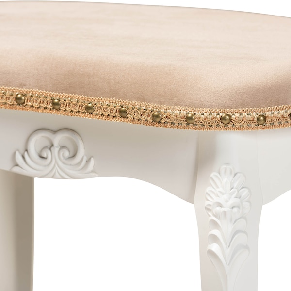 Baxton Studio Gabrielle Sand Velvet Upholstered White-Finished Wood Vanity Ottoman - 162-10254