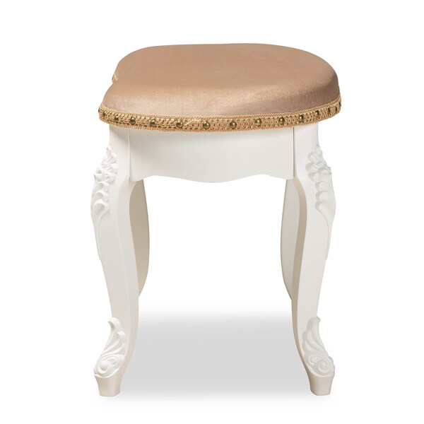 Baxton Studio Gabrielle Sand Velvet Upholstered White-Finished Wood Vanity Ottoman - 162-10254