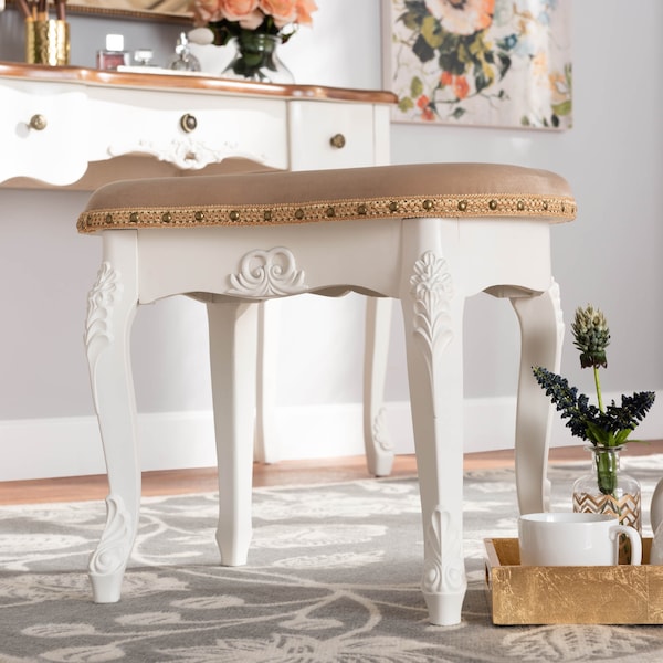 Baxton Studio Gabrielle Sand Velvet Upholstered White-Finished Wood Vanity Ottoman - 162-10254
