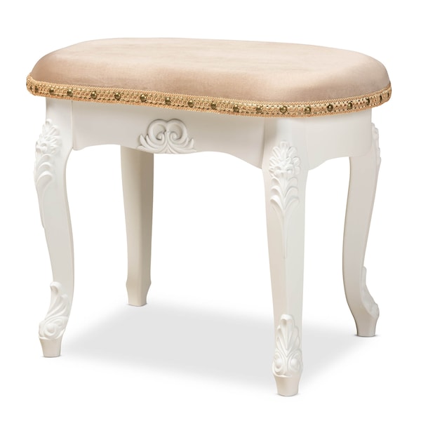 Baxton Studio Gabrielle Sand Velvet Upholstered White-Finished Wood Vanity Ottoman - 162-10254