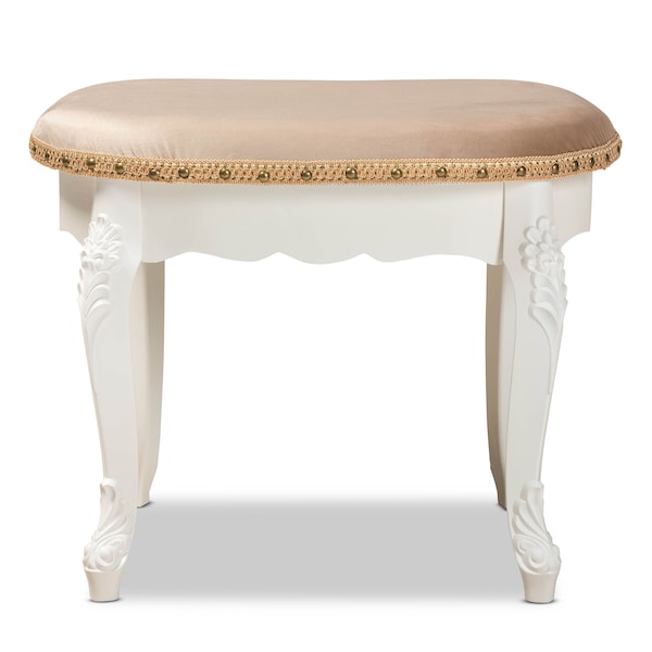 Baxton Studio Gabrielle Sand Velvet Upholstered White-Finished Wood Vanity Ottoman - 162-10254