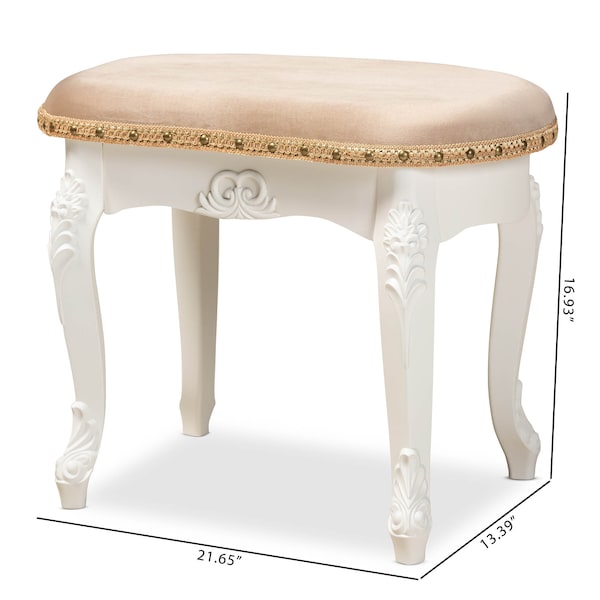 Baxton Studio Gabrielle Sand Velvet Upholstered White-Finished Wood Vanity Ottoman - 162-10254