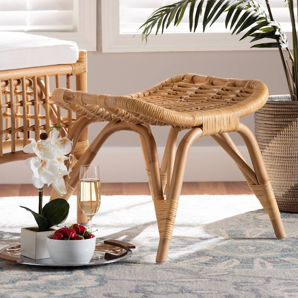 Baxton Studio Bernardo Modern Bohemian Natural Brown Rattan Ottoman - 203-12593