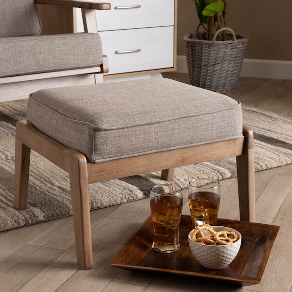 Baxton Studio Sigrid Light Grey Upholstered Antique Oak Finished Wood Ottoman - 162-10404