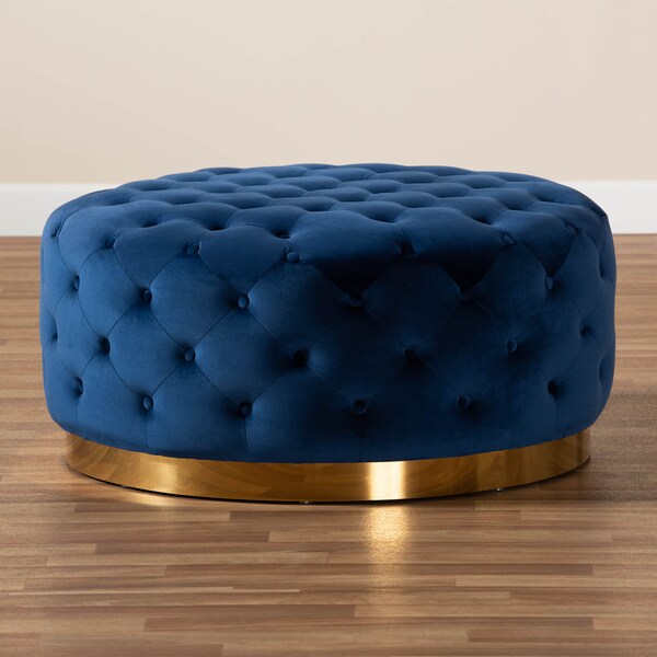Baxton Studio Sasha Blue Velvet Upholstered Gold Finished Round Cocktail Ottoman - 163-10568
