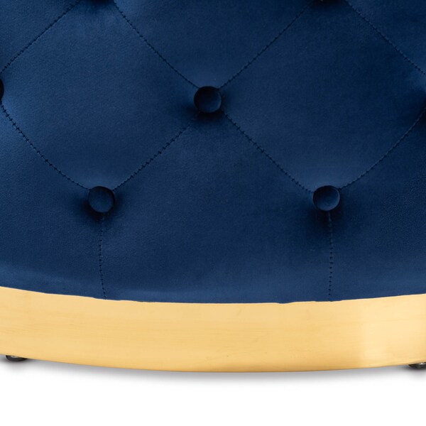 Baxton Studio Sasha Blue Velvet Upholstered Gold Finished Round Cocktail Ottoman - 163-10568