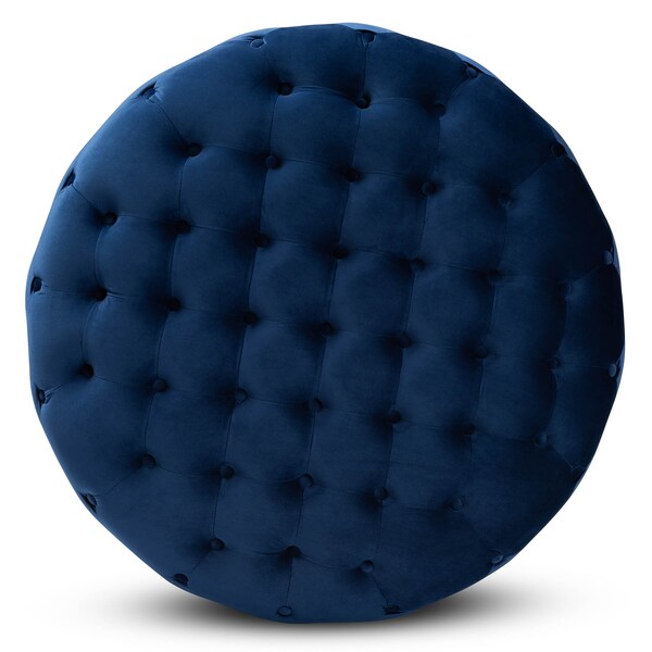 Baxton Studio Sasha Blue Velvet Upholstered Gold Finished Round Cocktail Ottoman - 163-10568