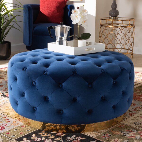 Baxton Studio Sasha Blue Velvet Upholstered Gold Finished Round Cocktail Ottoman - 163-10568