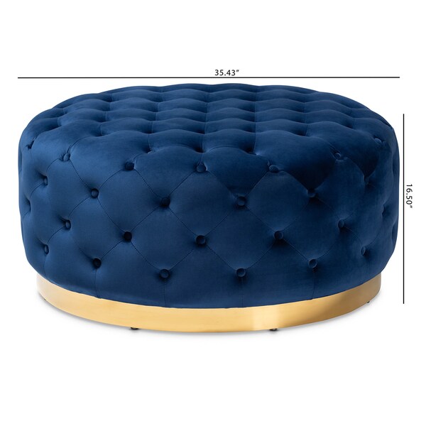 Baxton Studio Sasha Blue Velvet Upholstered Gold Finished Round Cocktail Ottoman - 163-10568