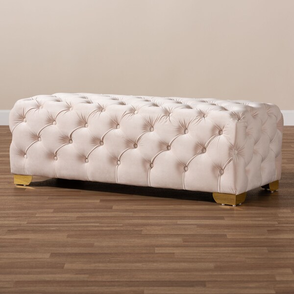 Baxton Studio Avara Beige Velvet Upholstered Gold Finished Tufted Bench Ottoman - 154-9369