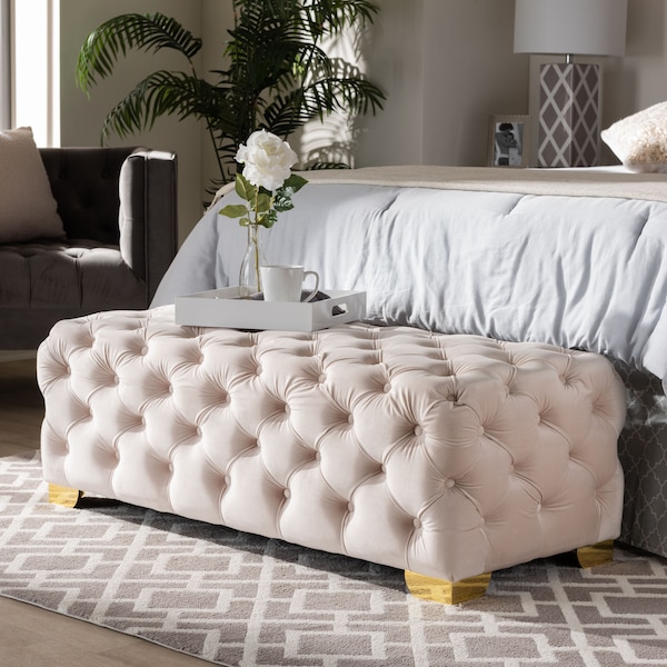 Baxton Studio Avara Beige Velvet Upholstered Gold Finished Tufted Bench Ottoman - 154-9369