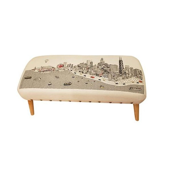 Homeroots 38 in. Chicago Daylight Skyline Embroidered Ottoman, White - 480545