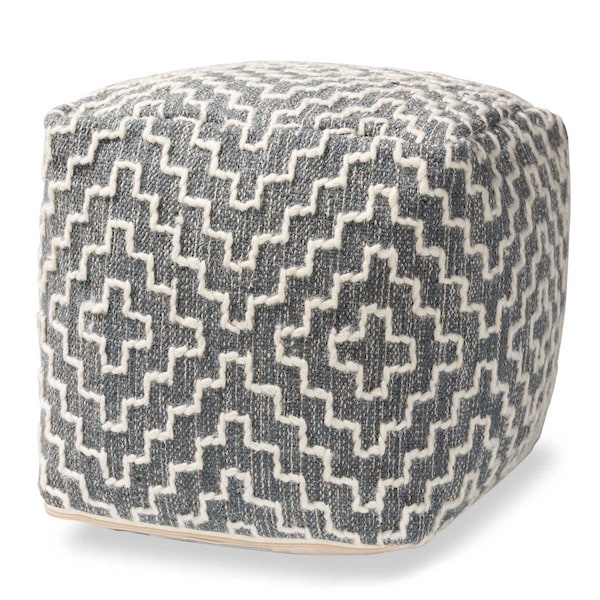 Baxton Studio Benjamin ModernBohemian Grey and Ivory Handwoven Cotton Blend Pouf Ottoman - 191-11657-ZORO