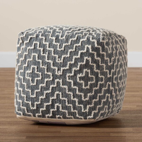 Baxton Studio Benjamin ModernBohemian Grey and Ivory Handwoven Cotton Blend Pouf Ottoman - 191-11657-ZORO