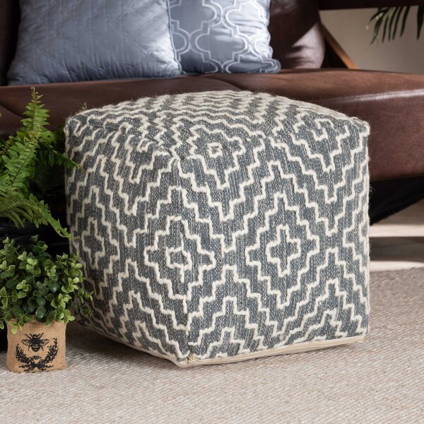 Baxton Studio Benjamin ModernBohemian Grey and Ivory Handwoven Cotton Blend Pouf Ottoman - 191-11657-ZORO