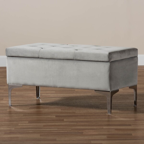 Baxton Studio Mabel Grey Velvet Upholstered Silver Finished Storage Ottoman - 165-10678