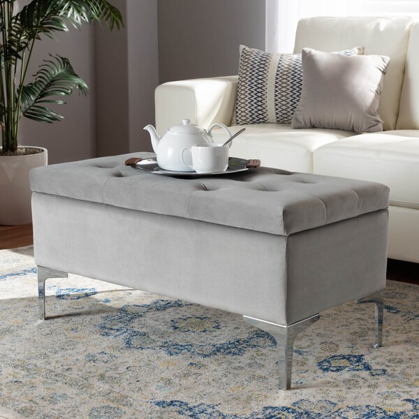 Baxton Studio Mabel Grey Velvet Upholstered Silver Finished Storage Ottoman - 165-10678