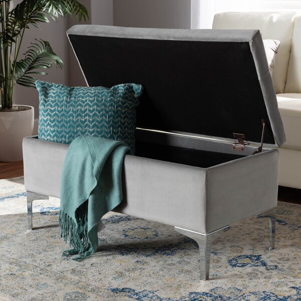 Baxton Studio Mabel Grey Velvet Upholstered Silver Finished Storage Ottoman - 165-10678