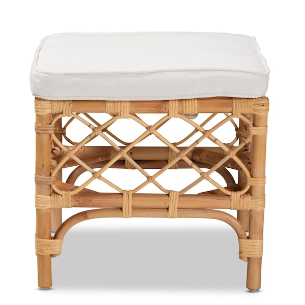 Baxton Studio Orchard Modern Bohemian White Fabric Upholstered and Natural Brown Rattan Ottoman - 203-12585