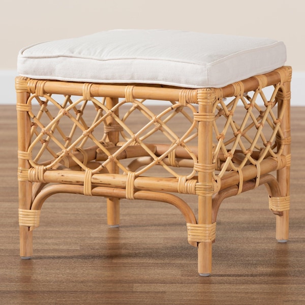Baxton Studio Orchard Modern Bohemian White Fabric Upholstered and Natural Brown Rattan Ottoman - 203-12585