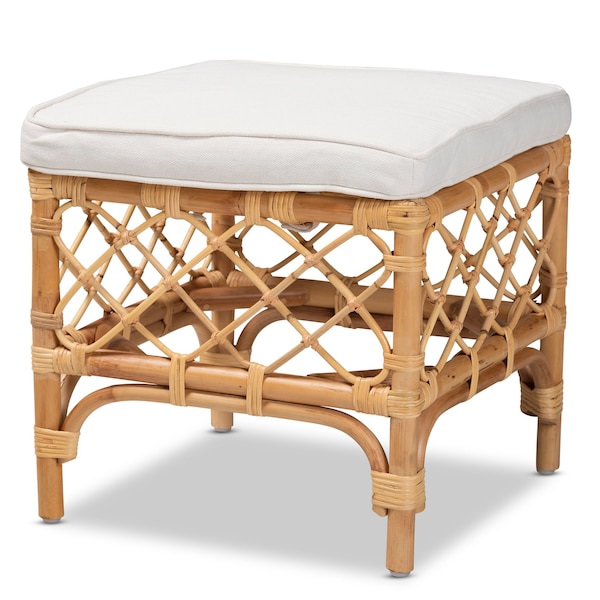 Baxton Studio Orchard Modern Bohemian White Fabric Upholstered and Natural Brown Rattan Ottoman - 203-12585