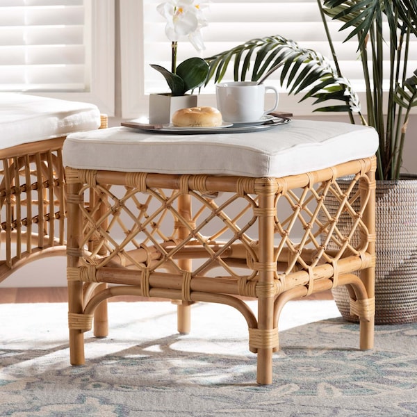 Baxton Studio Orchard Modern Bohemian White Fabric Upholstered and Natural Brown Rattan Ottoman - 203-12585
